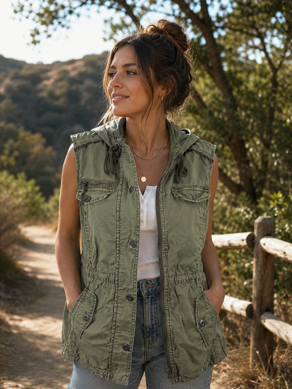 Anthropologie Marrakech Utility Cargo Vest Jacket Olive Green Hooded Size L